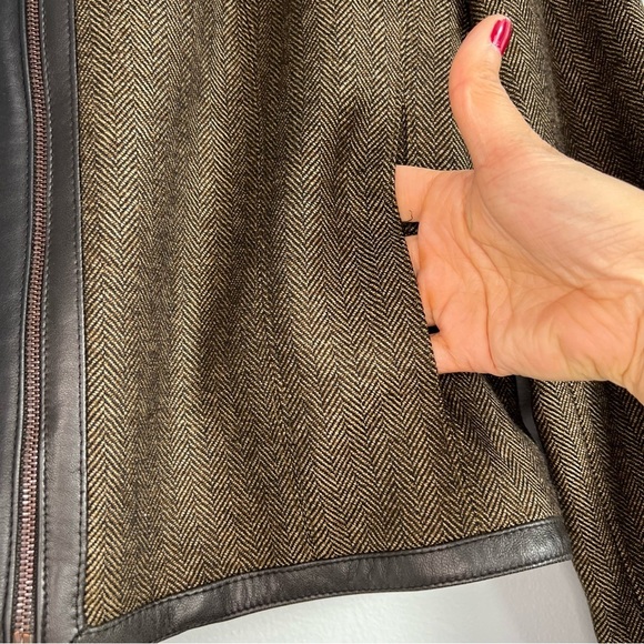 Lord & Taylor 100% Wool With Leather Trim Zip Up Jacket Blazer Brown Sz 8 office - Picture 5 of 10